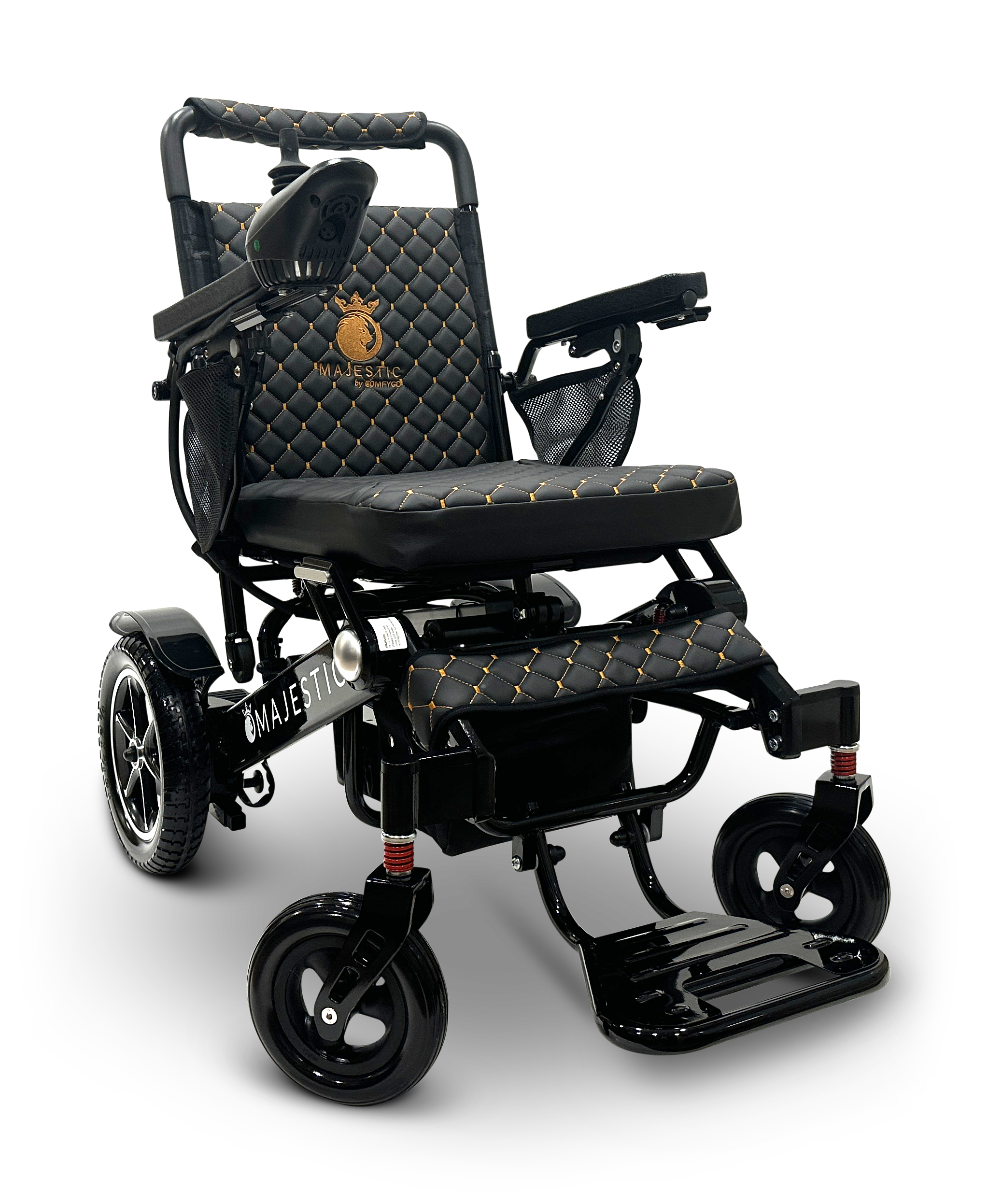 The MAJESTIC IQ-7000 Auto Folding Remote Controlled Electric Wheelchair features a sleek black and gold design with a quilted seat, adjustable armrests, and an intelligent joystick. It is equipped with small front wheels, larger rear wheels, and a footplate for ultimate convenience and style.